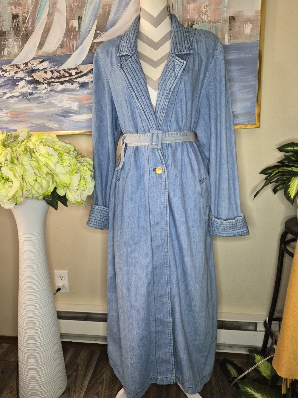 Vintage Pg Collections Light Blue Denim Maxi Trench Dress with Belt